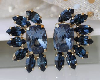 BOUCLES D’OREILLES BLEU MARINE, Boucles d’oreilles bleu foncé, Clous de mariée bleus, Marquise Cluster, Strass, Boucle d’oreille bleue élégante, Mère de la mariée