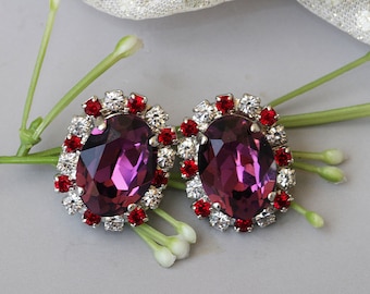 AMETHYST CRYSTAL EARRINGS, Purple Red Earrings, Bridal Stud Earrings, Evening Jewelry, Oval Earrings,Purple Wedding Gift,Dark Purple Earring