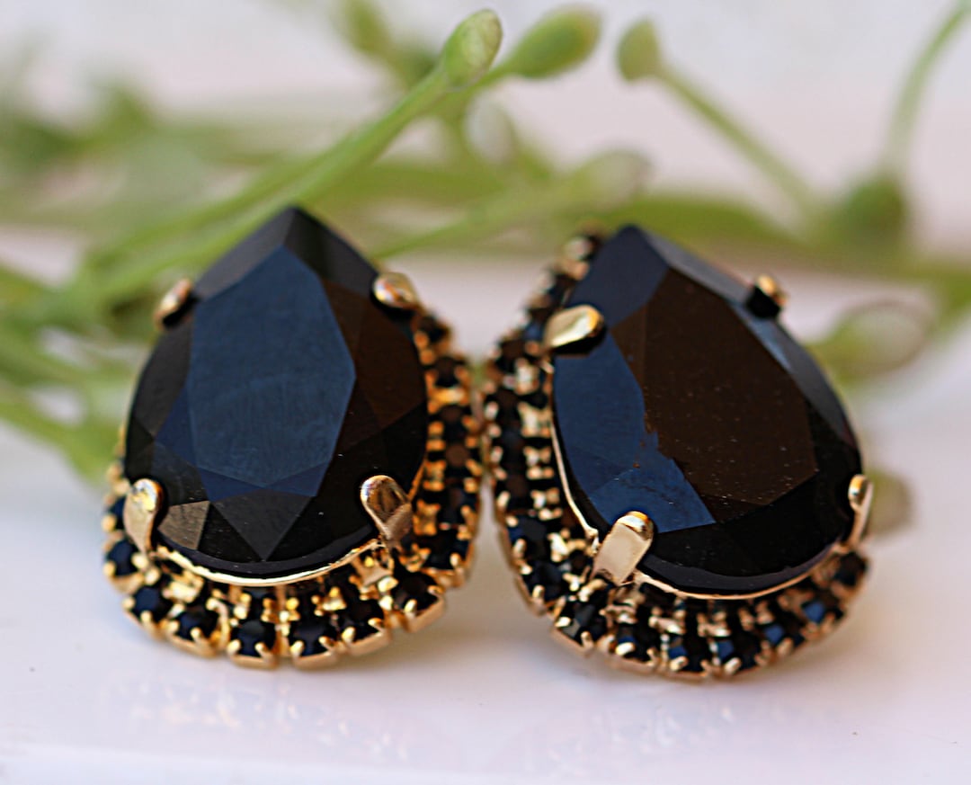 Stud Earrings. Black Crystal & Gold Earrings. Drop Shape Stud 