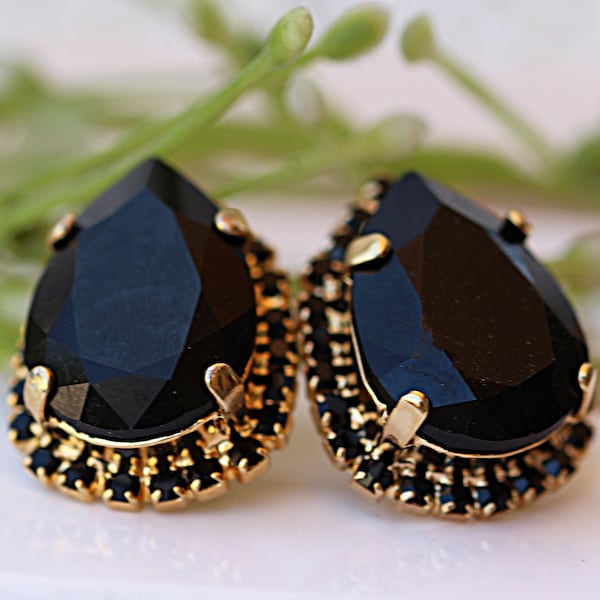 Stud Earrings. Black Crystal & Gold Earrings. Drop Shape Stud Earrings. Gift for Women ,Teardrop Black dress Jewelry. Black Stone Earrings,