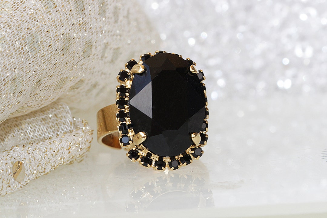 BLACK STONE RING, Statement Ring, Gold Black Ring, Oval Ring, Ring