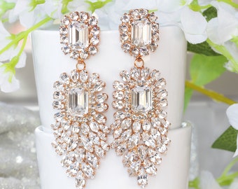 ROSE GOLD EARRINGS, Crystal  Wedding, Big Chandelier Earrings,Long earrings, Formal Statement Jewelry For Brides, Bridal Earrings