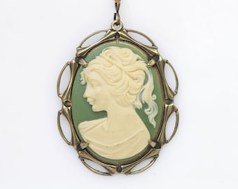 Cameo Necklace, Green Necklace, Cameo Pendant, Olive Green Jewelry, Lady Cameo Necklace, Victorian Style, Acrylic Cameo , Mother's Day Gift