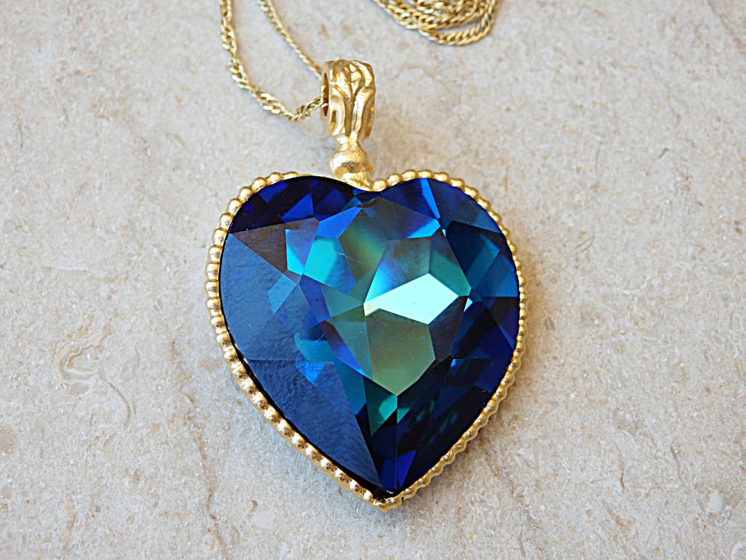 Blue Crystal Heart Necklace: Blue Sapphire Halo Pendant