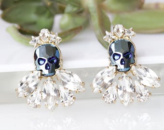 Crystal Skull Earrings, Rock N Roll, Gothic Bride Jewelry