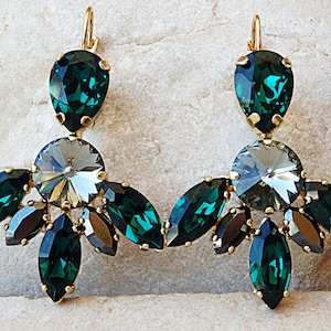 Emerald Drop Earrings, Wedding Emerald Earrings, Green and gray  Earrings, Leverback statement earrings. Art Deco Earrings for her