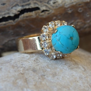 Gold Turquoise Stone Ring, Genuine Turquoise Ring, BLUE STONE Ring, Adjustable Round Turquoise and Clear Ring, December Birthstone Ring