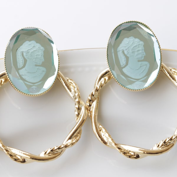 CAMEO EARRINGS, Blue Cameo Earrings,Gold Hoop Stud Earrings, Romantic Earrings, Vintage Cameo Earrings, Hoop Cameo Earrings, Gift For Her