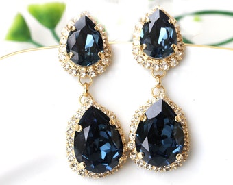 Navy Crystal Chandelier Earrings, Dark Blue Bridal Jewelry