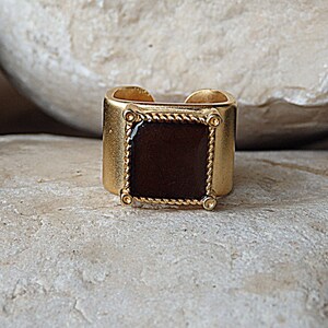 Dark Brown Adjustable Ring. Brown Square Signet Ring. Brown Enamel Ring. Women&#39;s Signet Ring. Gold Plated Enamel Ring. Gold Signet Ring.