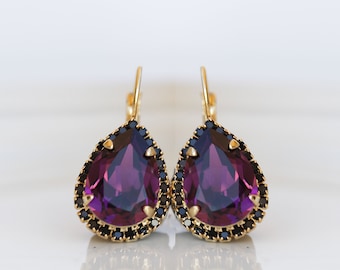 PURPLE EARRINGS, Ametyst Crystal Wedding, Dark Purple Drop Ring Earrings, Gold Purple Black Earrings, Woman Formal Jewelry,Teardrop Earrings