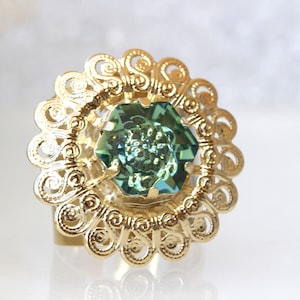EMERALD RING, Gold Plated Ring,  Ring, Big Cocktail Ring, Filigree Adjustable Ring,Statement Ring, Chunky Ring,Fashion Woman Ring