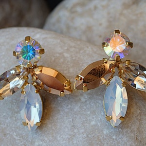 Triple Stud Earrings, AB  Crystal Earrings, Bridal Rose Gold Earrings. Bridesmaids Earrings, White Opal Champagne Cluster Earrings