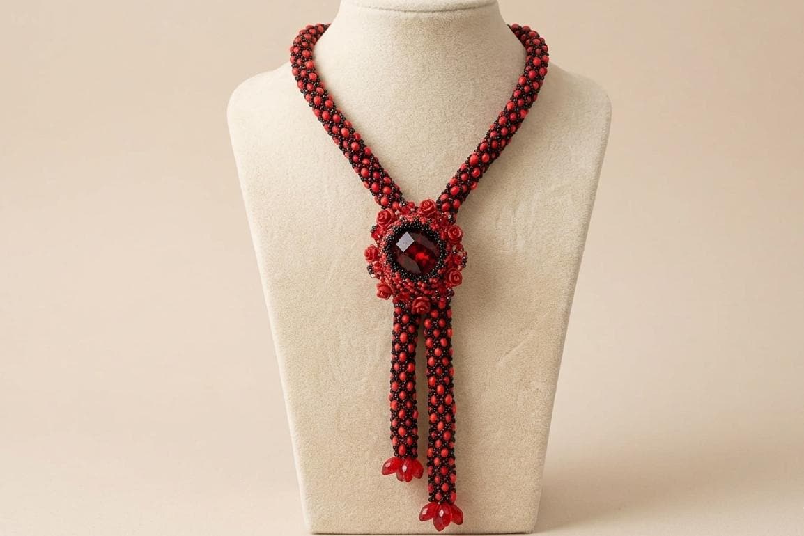 Red Coral Beaded Lariat Necklace, Crochet Rope, Evening Jewelry - Etsy