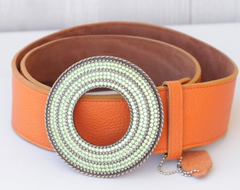 Orange Vegan Leather Belt Strap Reversible 38 Mm With Hole  display picture 3