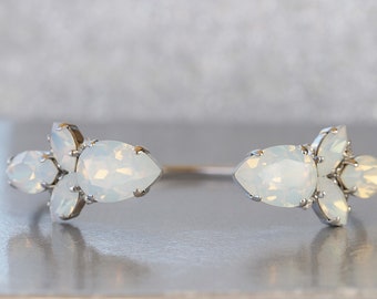 White Opal Crystal Bracelet, Bridal Cuff Jewelry