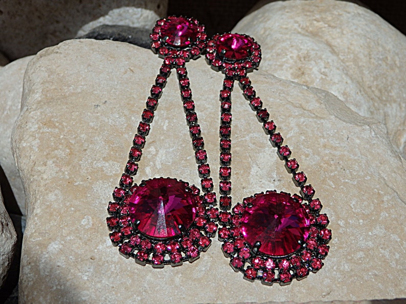 Long Pink Fuchsia Earrings Fuchsia Chandelier Earrings Oxidized Silver Earrings Stud Chandelier Earrings Women Fuchsia Crystal Earrings