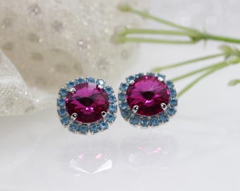 FUCHSIA PINK EARRINGS,  Earrings, Pink Blue Earrings, Crystal Stud Earrings, Elegant Earrings, Bridal Earrings, Wife Gift Idea