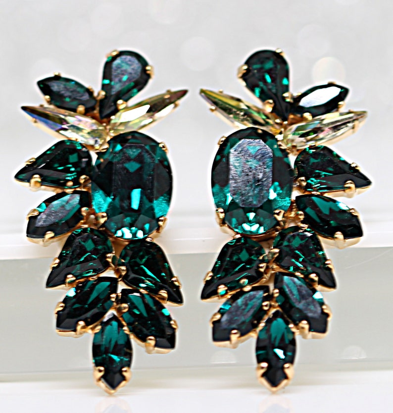 Emerald Cluster Earrings Dark Green Earrings Rhinestone Etsy