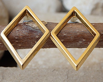 Gold Plated Rhombus Stud Earrings: Geometric Jewelry Gift