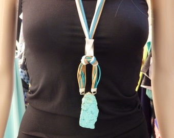 Statement necklace turquoise. Long leather necklace. Gemstone turquoise necklace.  Boho necklace.Turquoise pendant. Bohemian unique necklace