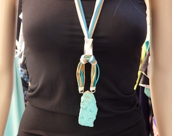 Boho Turquoise Pendant Necklace, Long Leather & Silver Bead Design