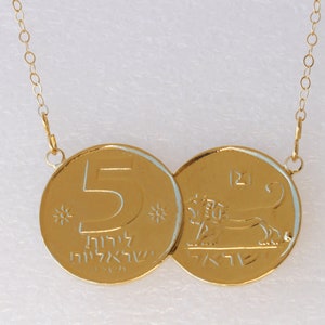 COIN NECKLACE, Old Israeli Coin, Antique Coin pendant , Gold Coin Israel Necklace, Israeli Jewelry, Lion Coin Jewelry, Gold Disc Necklace