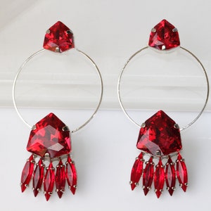 DEEP RED HOOPS,  Earrings, Long Bridal Earrings, Statement Earrings, Silver Hoop Earrings, Unique Hoops, Formal Earrings