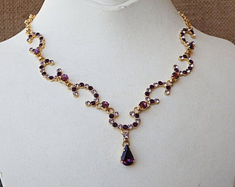 Rhinestone Teardrop Necklace, Gold Purple Amethyst Crystal, Bridal Jewelry