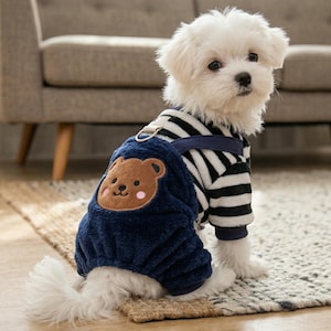 Tuta in pile per cani: felpa con cappuccio patchwork, completo a righe per animali domestici, calore invernale, anello per guinzaglio