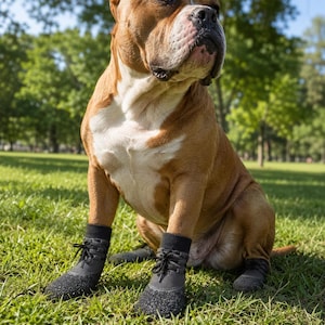 May include: A brown and white dog wearing four black dog boots with black laces, sitting on green grass. The dog is in a park setting with trees in the background. The boots appear to be made of a textured material.