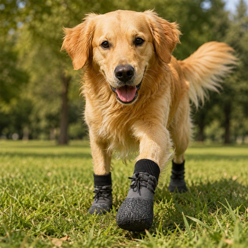 May include: A golden retriever dog wearing four gray and black dog boots, walking on green grass. The dog is looking directly at the camera with its mouth open. The boots have laces and a textured design.