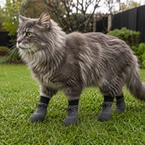 May include: A long-haired gray cat wearing gray boots with black socks, standing on green grass. The cat is outdoors in a yard with a fence and trees in the background. The boots have laces.