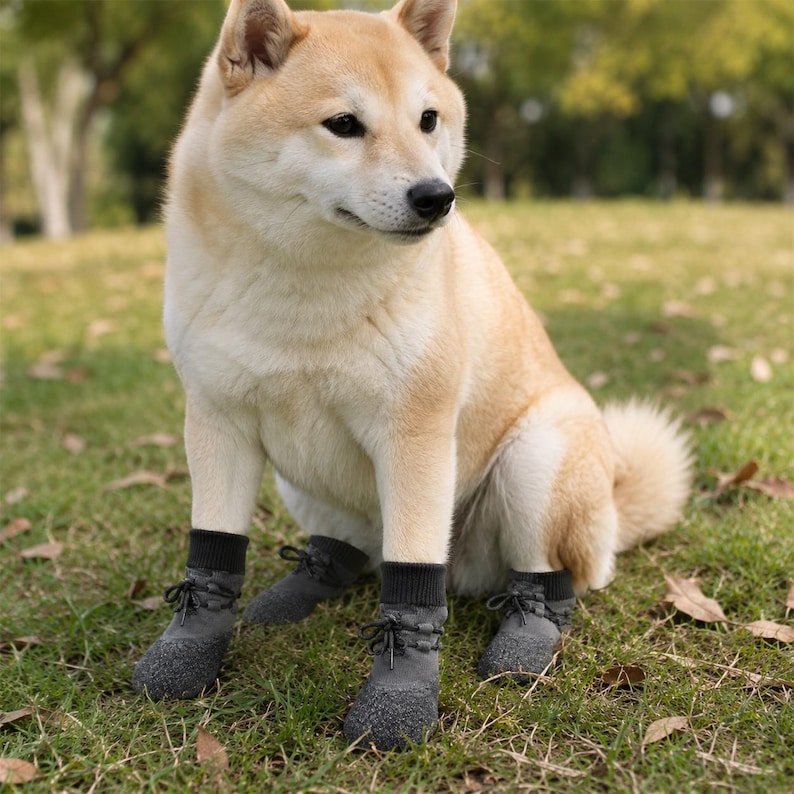 May include: A Shiba Inu dog sitting on grass, wearing gray dog boots with black laces. The boots have a textured, rubberized appearance. The dog has light brown fur and is looking to the side.