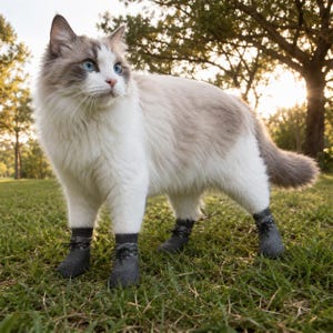 May include: A fluffy, white and grey cat with striking blue eyes stands on green grass, wearing four small grey boots. The cat is outdoors, with a blurred background of trees and sunlight.