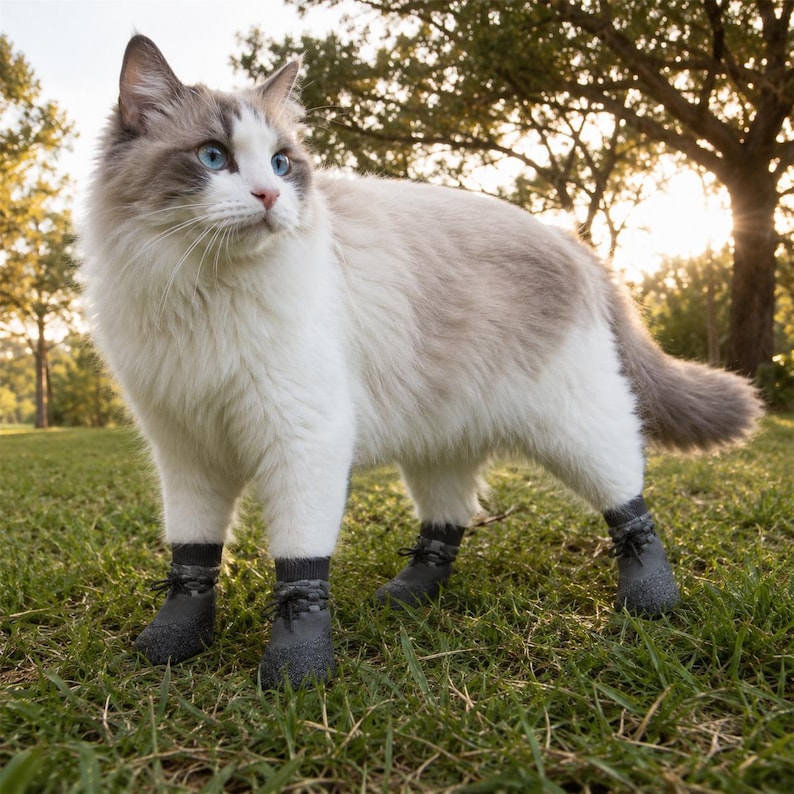 May include: A fluffy, white and grey cat with striking blue eyes stands on green grass, wearing four small grey boots. The cat is outdoors, with a blurred background of trees and sunlight.