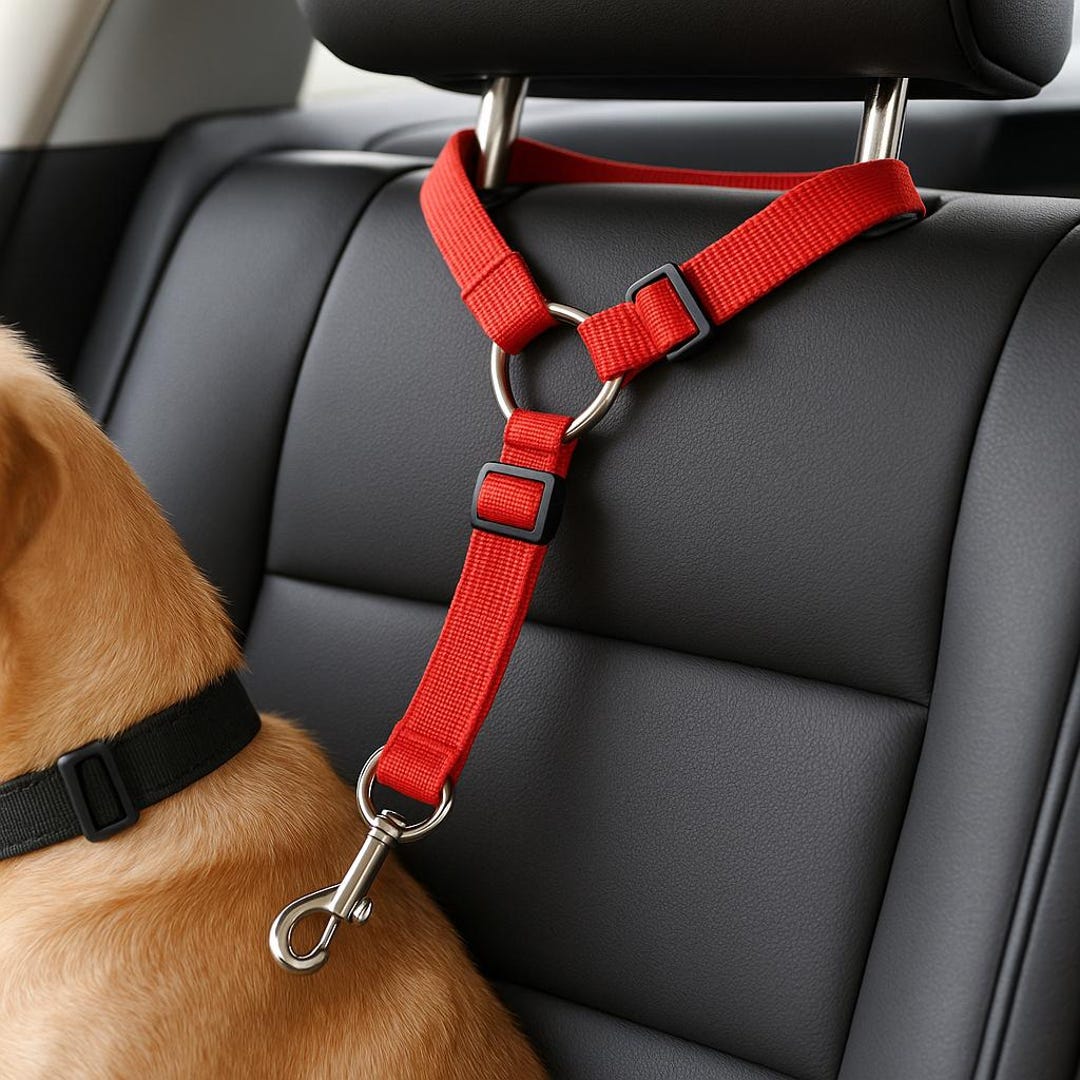 Red Headrest Dog Car Seat Belt – Adjustable Elastic Safety Strap For Dogs S-XXL