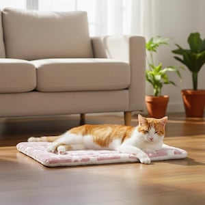 May include: A ginger and white cat resting on a pink pet bed with a white geometric pattern. The cat is lying down with its eyes closed. The pet bed is rectangular and placed on a wooden floor.