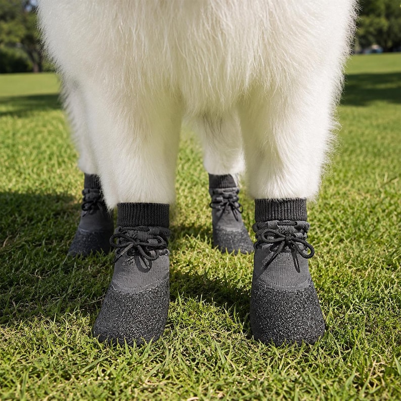 May include: A close-up of a dog wearing four gray and black dog boots. The boots have a textured rubber sole and a knitted ankle cuff with black laces. The dog is standing on green grass.