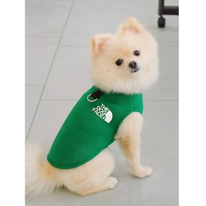 May include: A small, cream-coloured Pomeranian dog wearing a green fleece vest. The vest features the text "THE DOG FACE" in white. The dog is sitting on a light grey tiled floor.