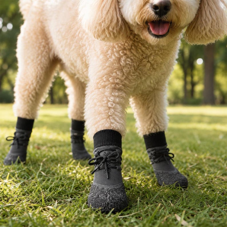 May include: A light-colored dog wearing four black dog boots with textured soles and black laces. The dog is standing on green grass in an outdoor setting. The boots have a ribbed black cuff.