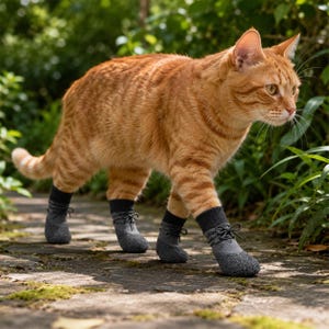 May include: An orange tabby cat wearing four gray, lace-up boots, walking on a stone path. The cat is in a natural outdoor setting with green foliage in the background. The boots have a textured appearance and are designed to protect the cat's paws.