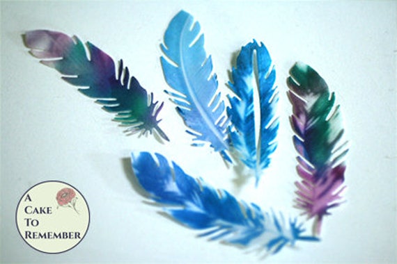 15 3" die cut edible feathers, blue, pink and green colored. Wafer paper feathers for a unique birthday cake topper or cupcake topper Il_570xn