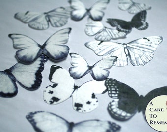 Ships fast   12 large black and white edible butterflies for butterfly cake toppers. Wafer paper cupcake butterflies for winter weddingz