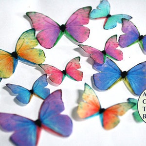 Ships fast   Rainbow edible butterfly cake toppers, 12 wafer paper butterflies for girls birthday . and edible cupcake toppers.