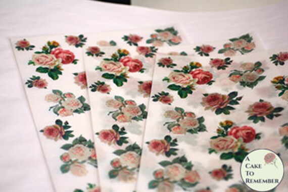 3 full sheets vintage roses printed wafer paper for cake or cupcake decorating. 8"x10" edible sheets with pink roses for cake wraps Il_570xn
