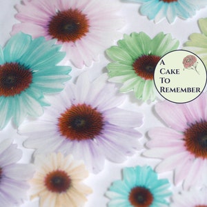 12 edible flowers, pastel daisies in assorted sizes and colors . Printed flat for wedding cakes, cupcake toppers, and cake decorating ideas