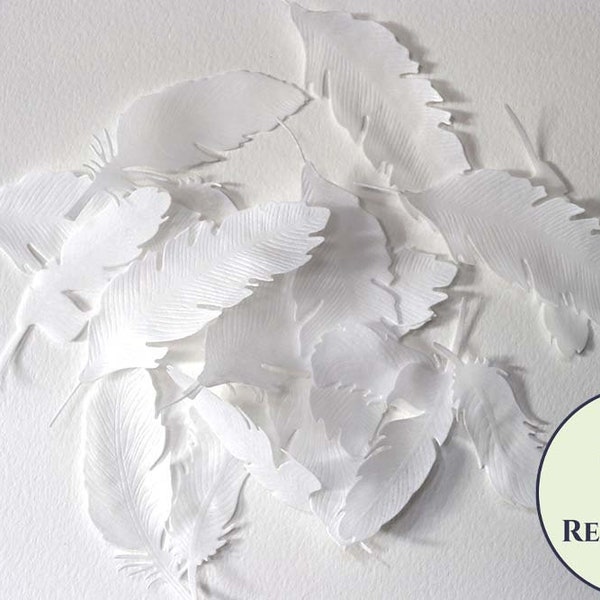 18 large edible wafer paper feathers in various shapes. Edible feathers for a unique wedding or birthday cake topper, or cupcake toppers