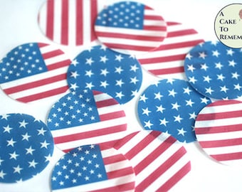 12 American flag edible pictures for cookie decorations, 2" diameter. Images for Veteran's Day chocolate covered cookies or cupcake toppers.