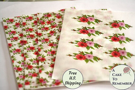 Set of 4 sheets, small roses floral printed wafer paper for cake decorating or cupcake decorating. Edible paper prints. Il_570xn